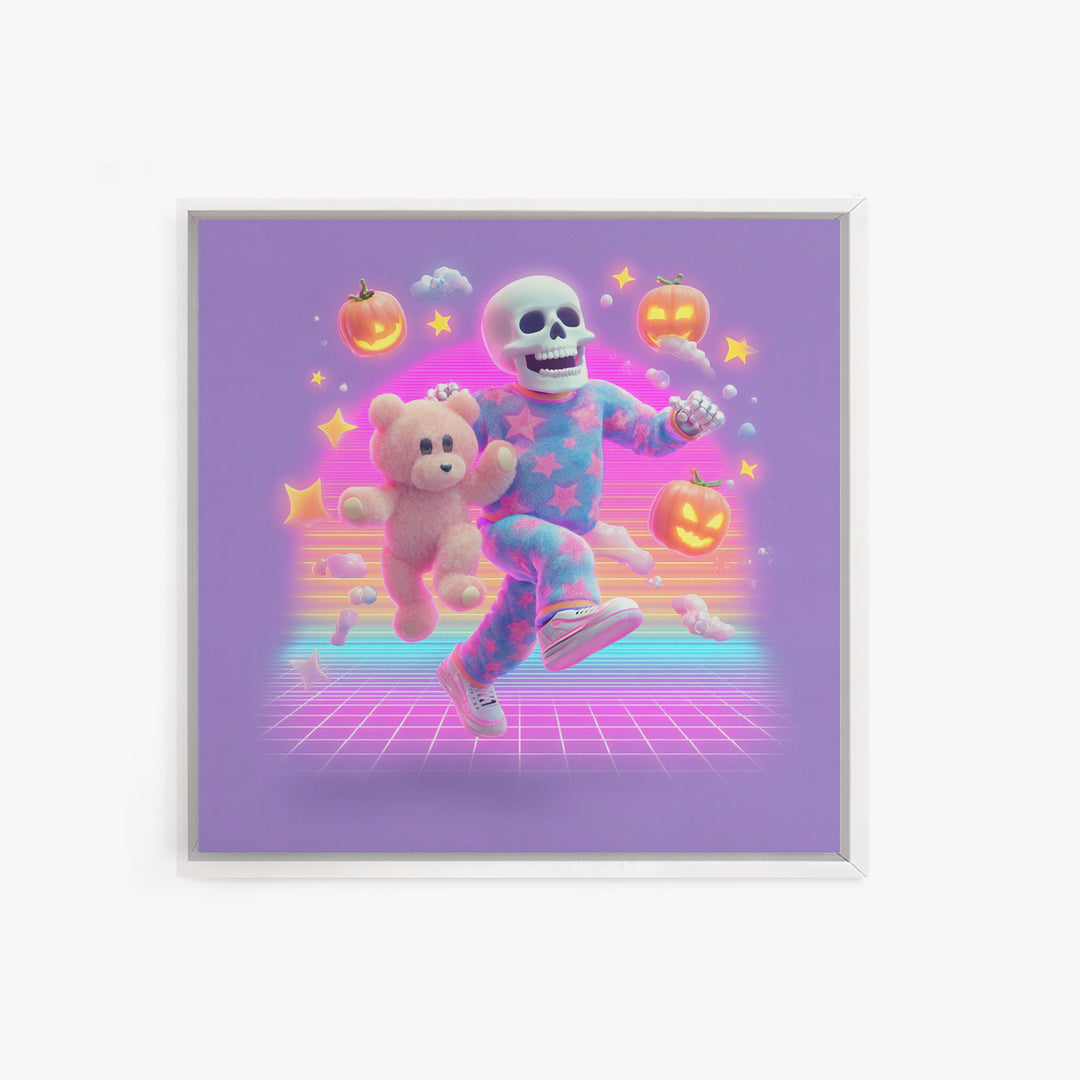 The Pajama Skeleton, Synthwave Halloween Art, Square Wall Art, Canvas Print, Retro Halloween Decor, Neon Wall Art, Spooky Wall Decor