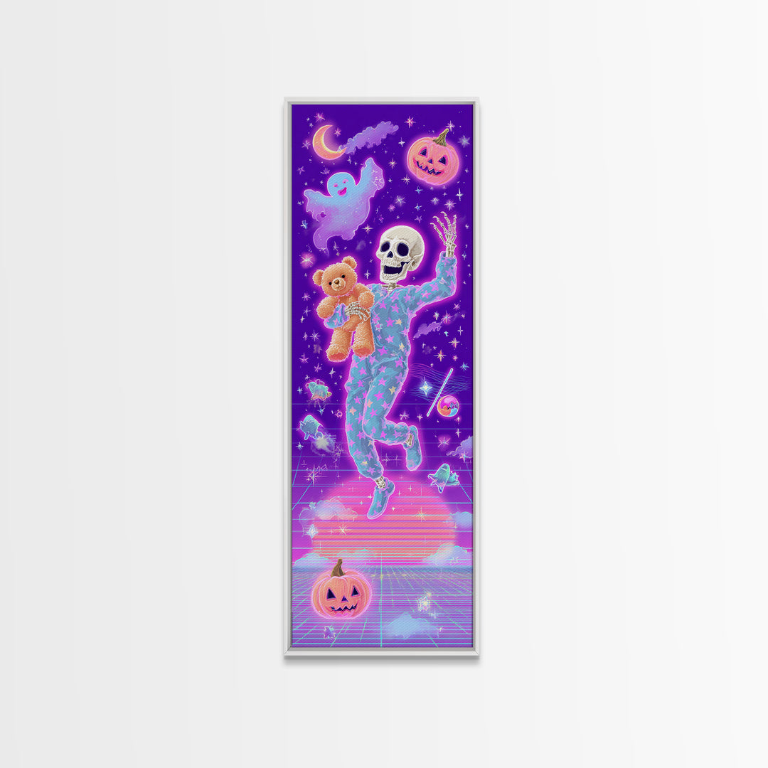 The Pajama Skeleton, Vaporwave Halloween Decor, Tall Narrow Wall Art, Framed Canvas Print, Retro Halloween Decor, Neon Wall Art