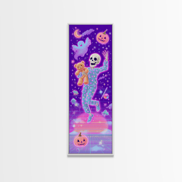 The Pajama Skeleton, Vaporwave Halloween Decor, Tall Narrow Wall Art, Framed Canvas Print, Retro Halloween Decor, Neon Wall Art