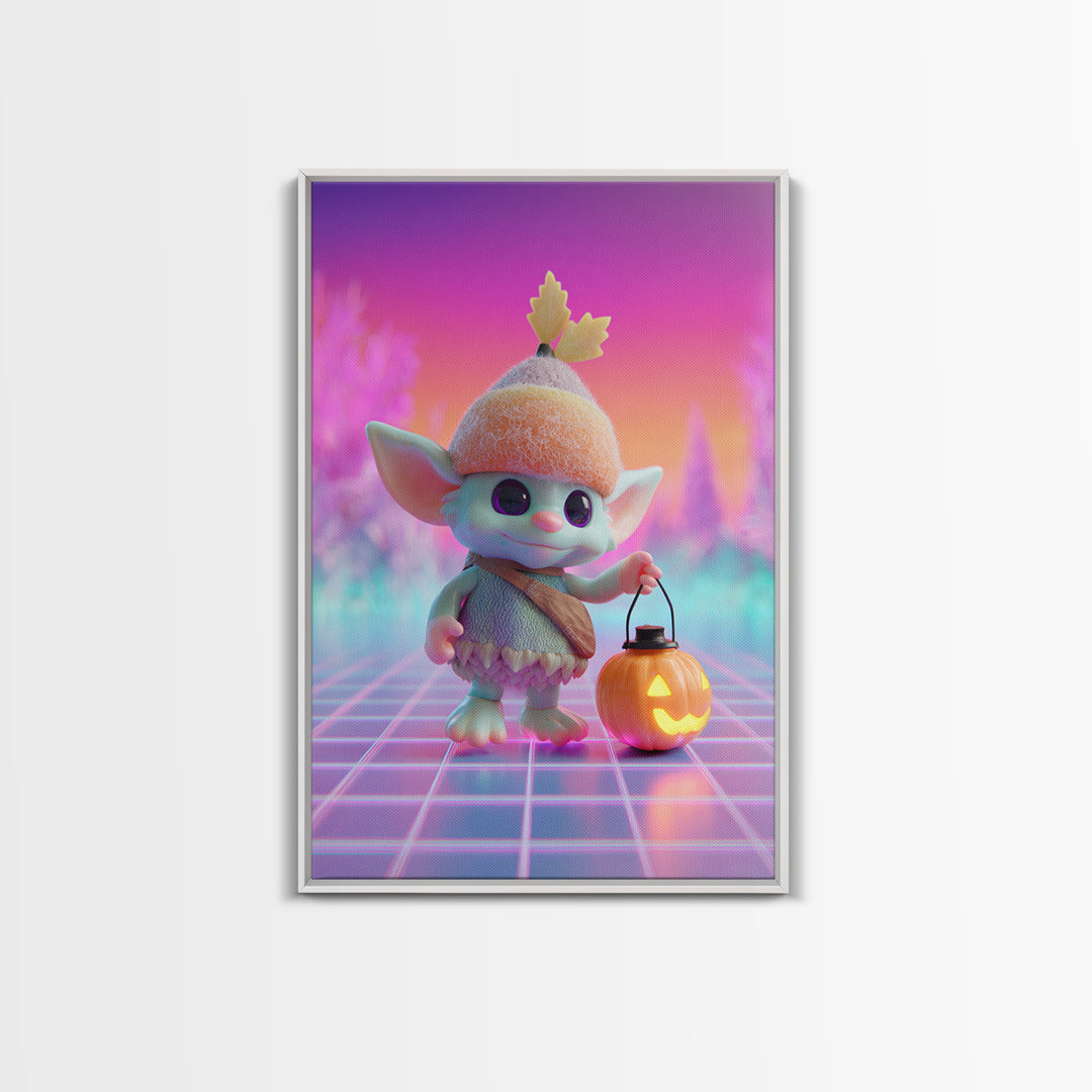The Acorn Goblin, Cute Spooky Neon Art, Vertical Wall Art, Framed Canvas Print, Retro Halloween Decor, Neon Wall Art, Spooky Wall Decor