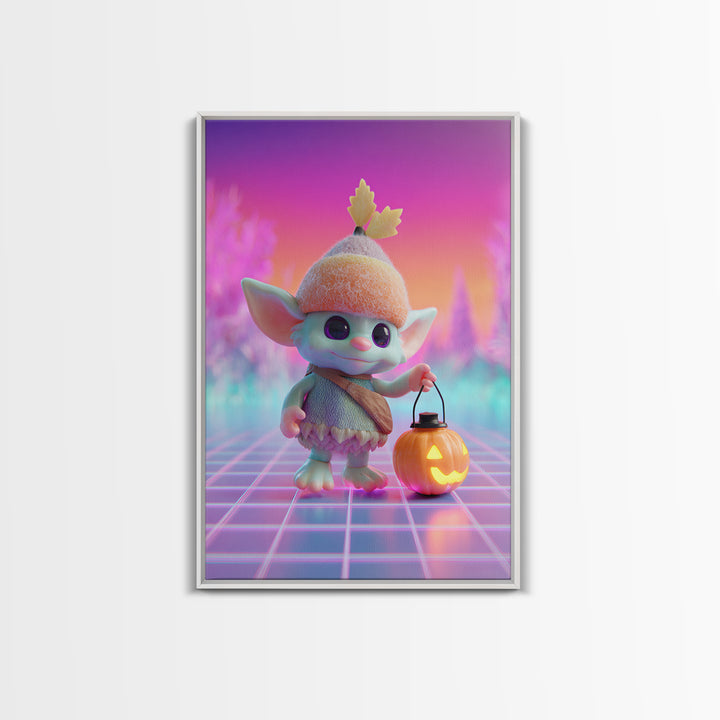 The Acorn Goblin, Cute Spooky Neon Art, Vertical Wall Art, Framed Canvas Print, Retro Halloween Decor, Neon Wall Art, Spooky Wall Decor