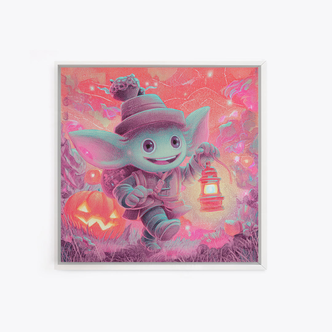 The Acorn Goblin, 80s Halloween Wall Art, Square Wall Art, Framed Canvas Print, Retro Halloween Decor, Neon Wall Art, Collectible Wall Decor