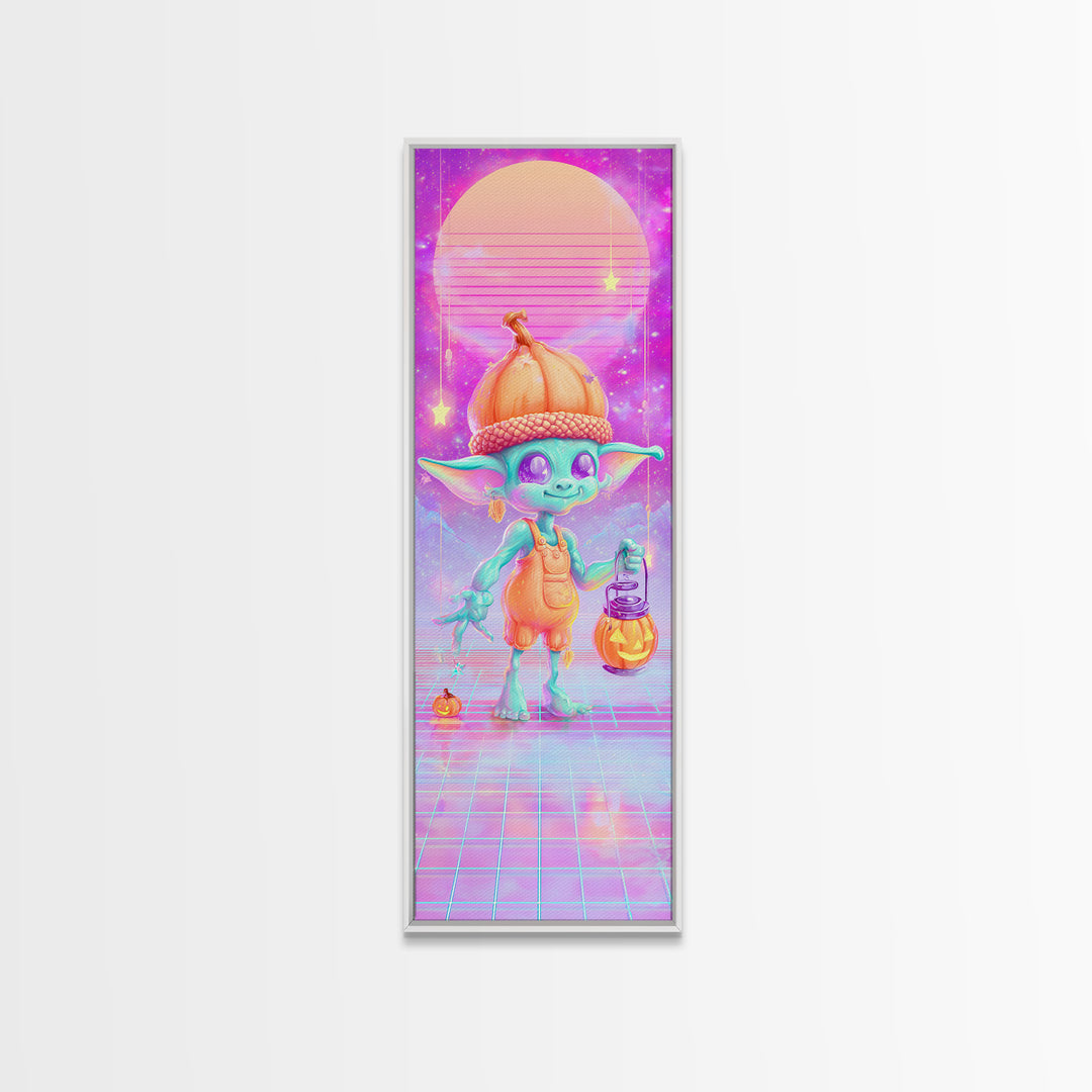 The Acorn Goblin, 80s Halloween Wall Art, Tall Narrow Wall Art, Framed Canvas Print, Retro Halloween Decor, Neon Wall Art, Macabre Wall Art