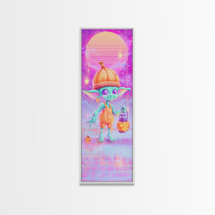 The Acorn Goblin, 80s Halloween Wall Art, Tall Narrow Wall Art, Framed Canvas Print, Retro Halloween Decor, Neon Wall Art, Macabre Wall Art