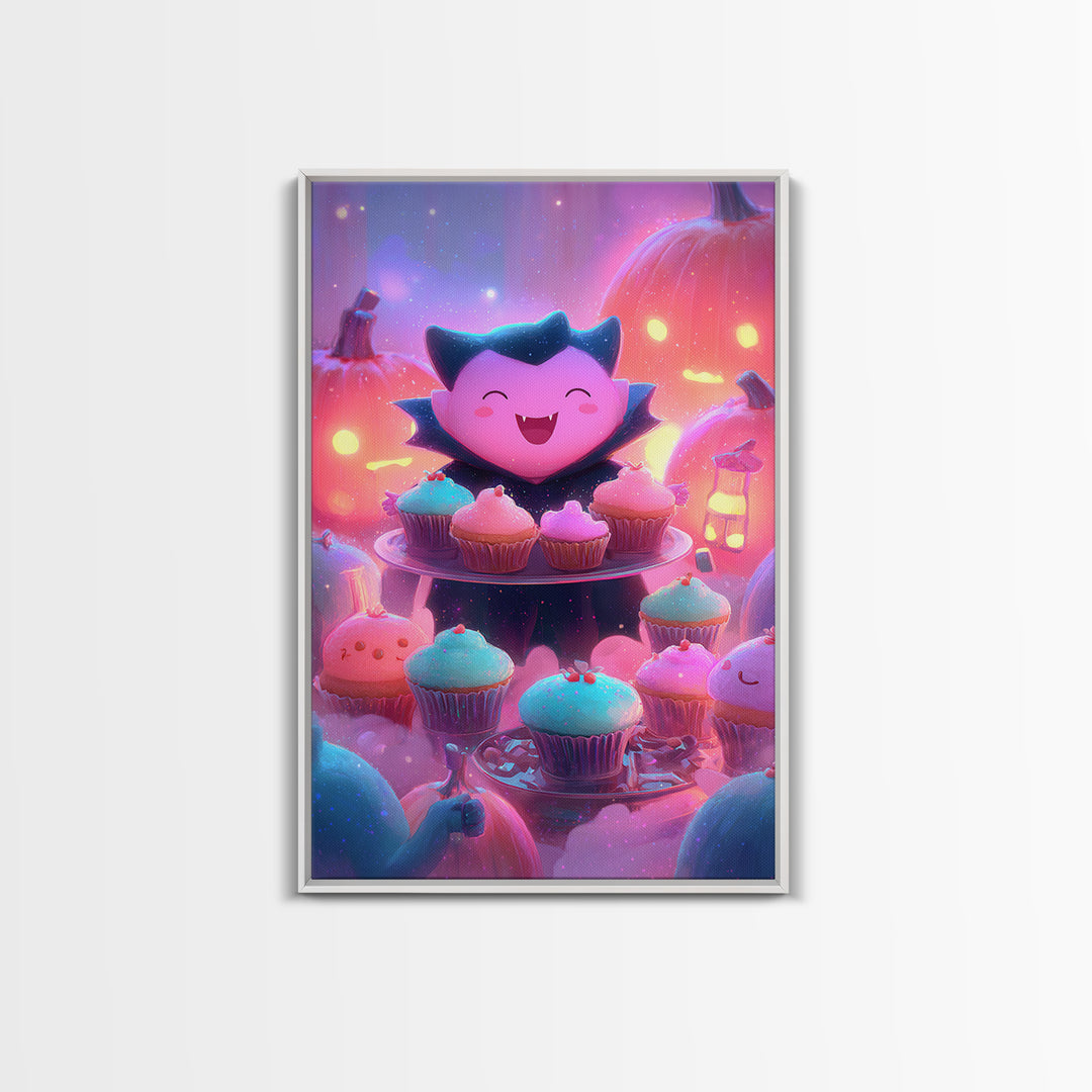 The Cupcake Vampire, Vaporwave Halloween Decor, Vertical Wall Art, Framed Canvas Print, Retro Halloween Decor, Neon Wall Art