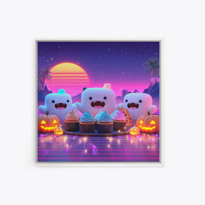 The Cupcake Vampire, Synthwave Halloween Art, Square Wall Art, Framed Canvas Print, Retro Halloween Decor, Neon Wall Art, Horror Wall Art