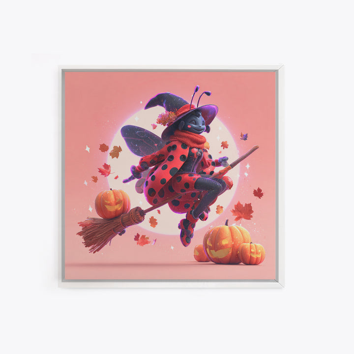 The Ladybug Witch, Retro Neon Halloween Art, Square Wall Art, Canvas Print, Retro Halloween Decor, Neon Wall Art, Halloween Wall Art
