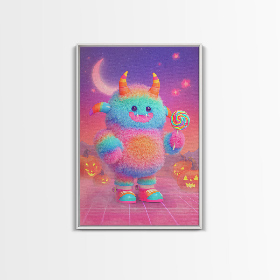 The Rainbow Monster, Vaporwave Halloween Decor, Vertical Wall Art, Canvas Print, Retro Halloween Decor, Neon Wall Art, Dark Fantasy Art