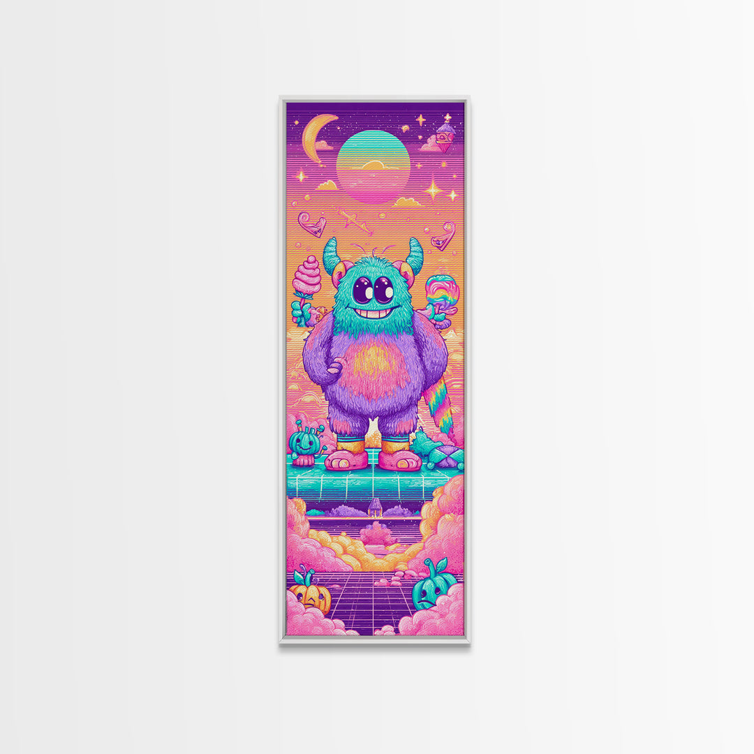 The Rainbow Monster, Synthwave Halloween Art, Tall Narrow Wall Art, Canvas Print, Retro Halloween Decor, Neon Wall Art, Horror Wall Art