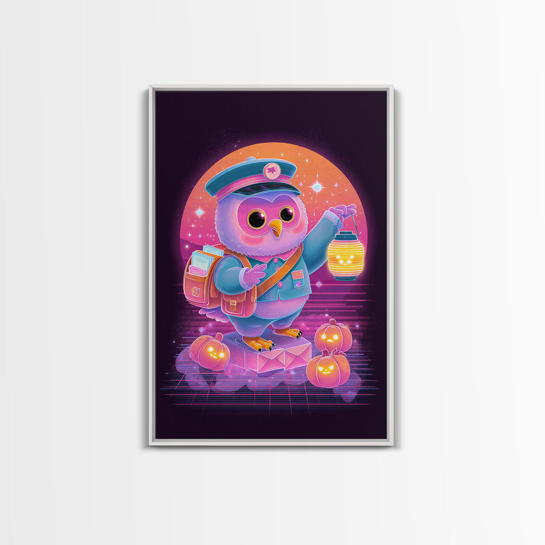 The Owl Postmaster, Cute Spooky Neon Art, Vertical Wall Art, Framed Canvas Print, Retro Halloween Decor, Neon Wall Art, Halloween Wall Art