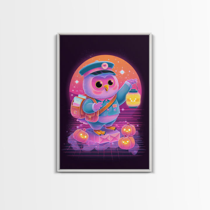The Owl Postmaster, Cute Spooky Neon Art, Vertical Wall Art, Framed Canvas Print, Retro Halloween Decor, Neon Wall Art, Halloween Wall Art