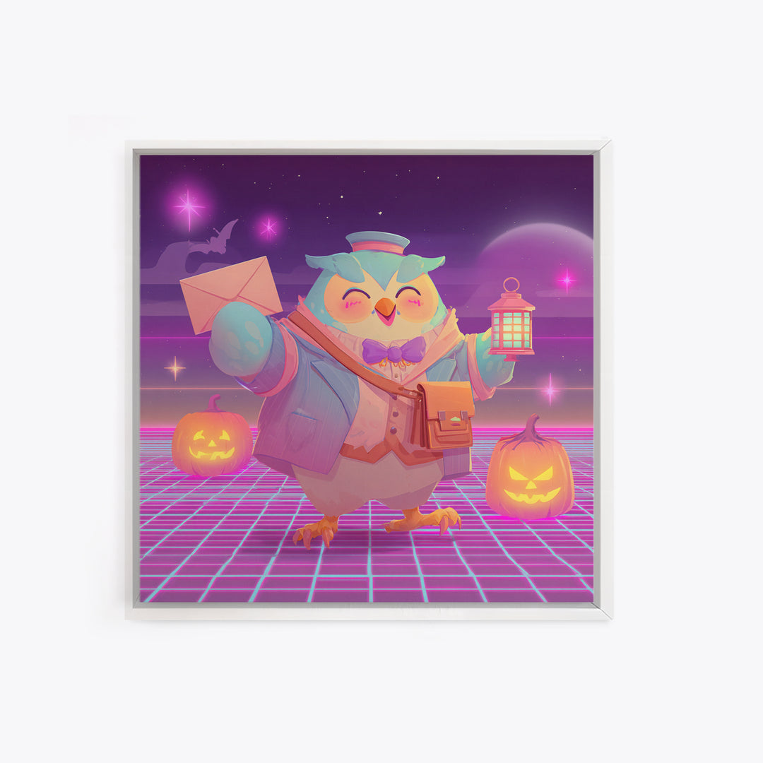 The Owl Postmaster, Retro Neon Halloween Art, Square Wall Art, Framed Canvas Print, Retro Halloween Decor, Neon Wall Art, Halloween Wall Art