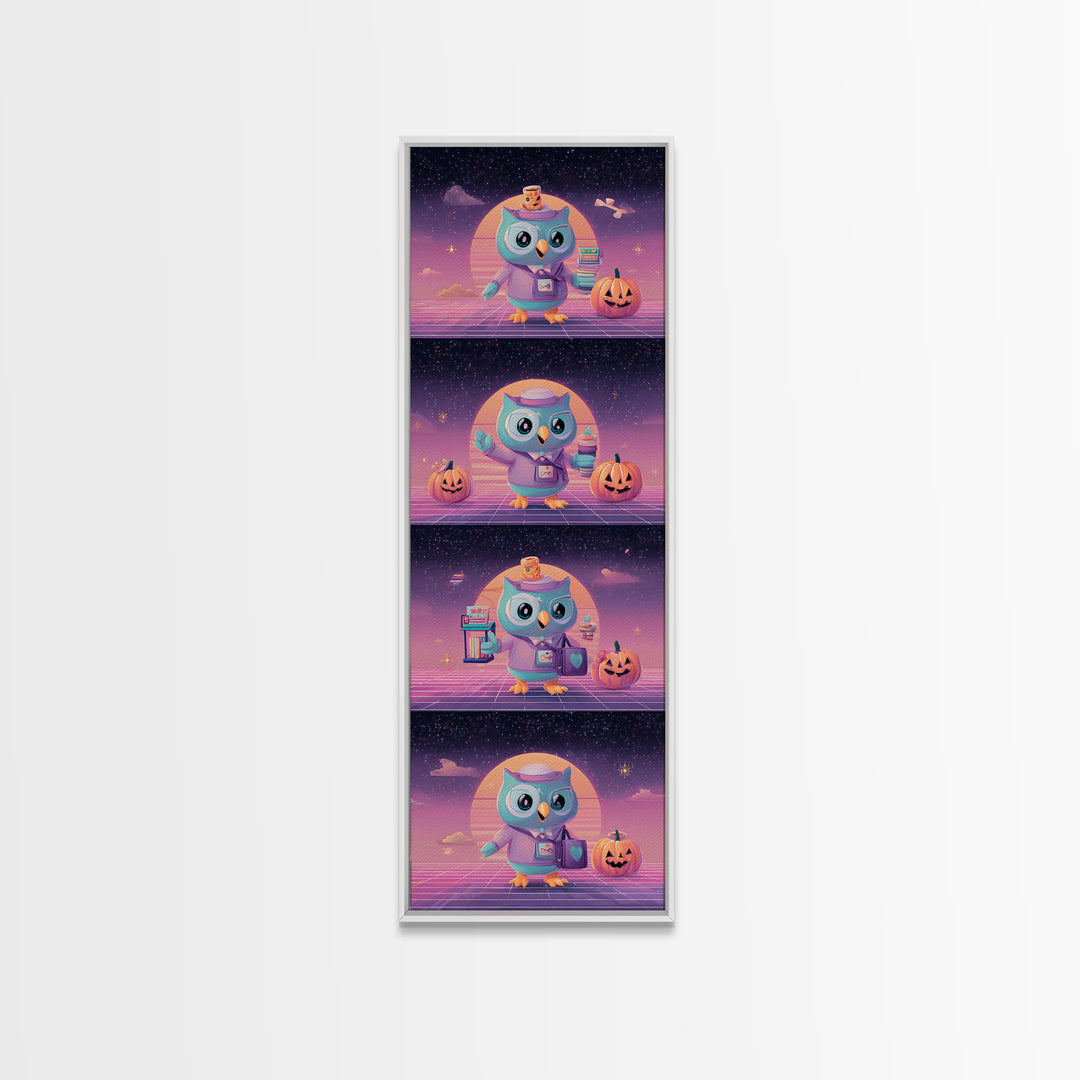 The Owl Postmaster, Vaporwave Halloween Decor, Tall Narrow Wall Art, Framed Canvas Print, Retro Halloween Decor, Neon Wall Art