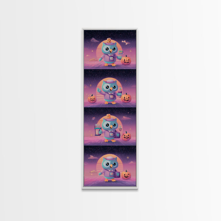 The Owl Postmaster, Vaporwave Halloween Decor, Tall Narrow Wall Art, Framed Canvas Print, Retro Halloween Decor, Neon Wall Art