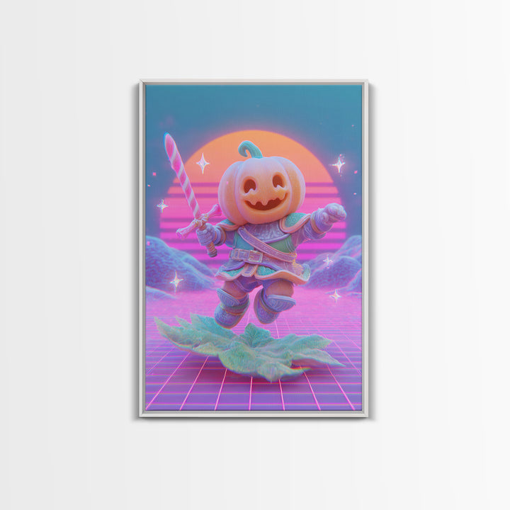 The Pumpkin Knight, 80s Halloween Wall Art, Vertical Wall Art, Framed Canvas Print, Retro Halloween Decor, Neon Wall Art, Horror Wall Art