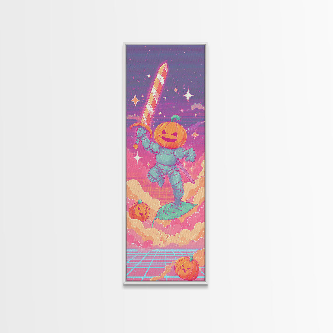 The Pumpkin Knight, Cute Spooky Neon Art, Tall Narrow Wall Art, Canvas Print, Retro Halloween Decor, Neon Wall Art, Dark Fantasy Art