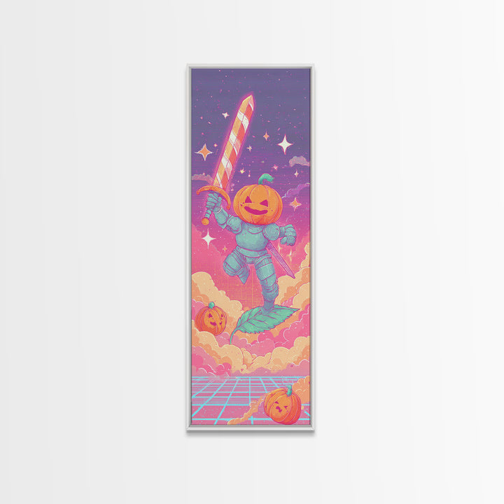 The Pumpkin Knight, Cute Spooky Neon Art, Tall Narrow Wall Art, Canvas Print, Retro Halloween Decor, Neon Wall Art, Dark Fantasy Art