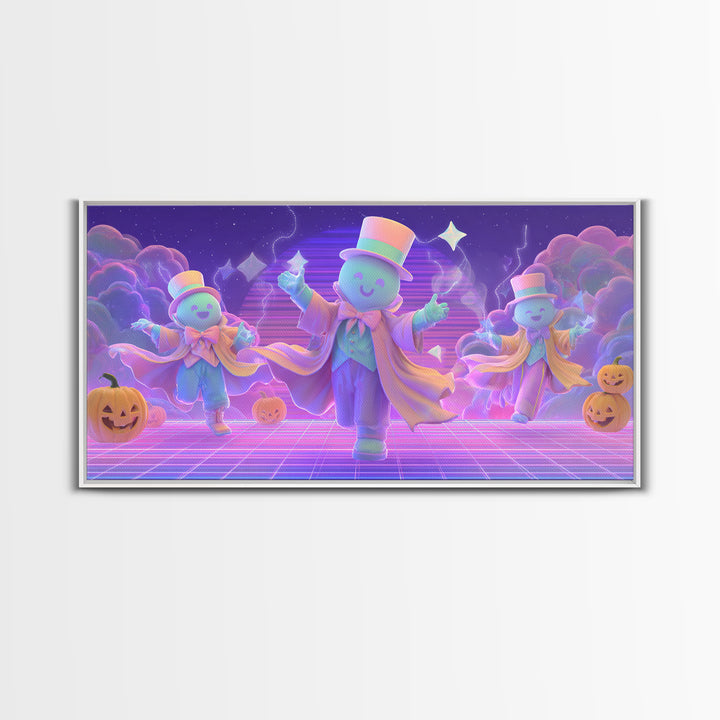 The Star-Cape Magician, Synthwave Halloween Art, Wide Panoramic Art, Framed Canvas Print, Retro Halloween Decor, Neon Wall Art