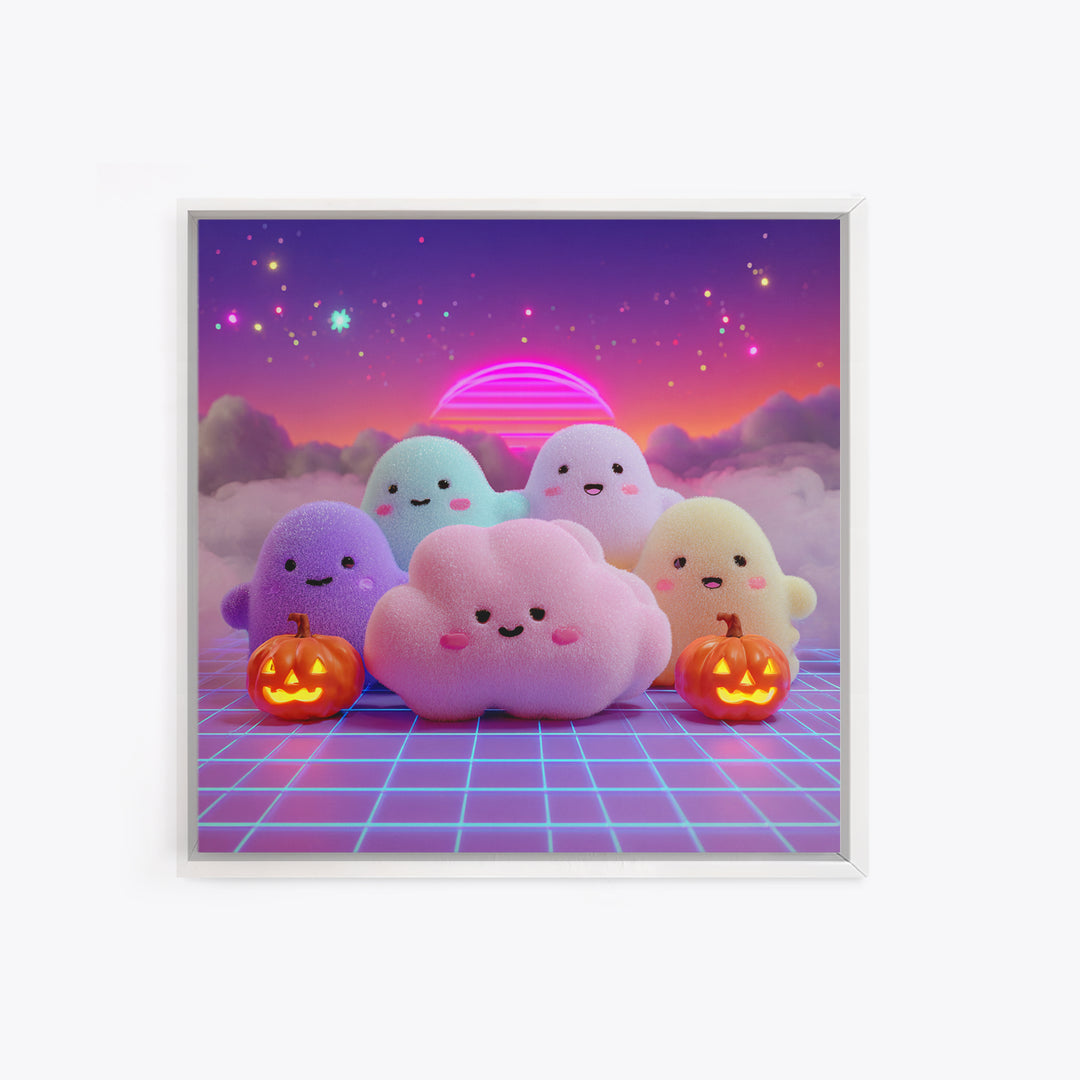 The Cloud Ghost, 80s Halloween Wall Art, Square Wall Art, Canvas Print, Retro Halloween Decor, Neon Wall Art, Collectible Wall Decor