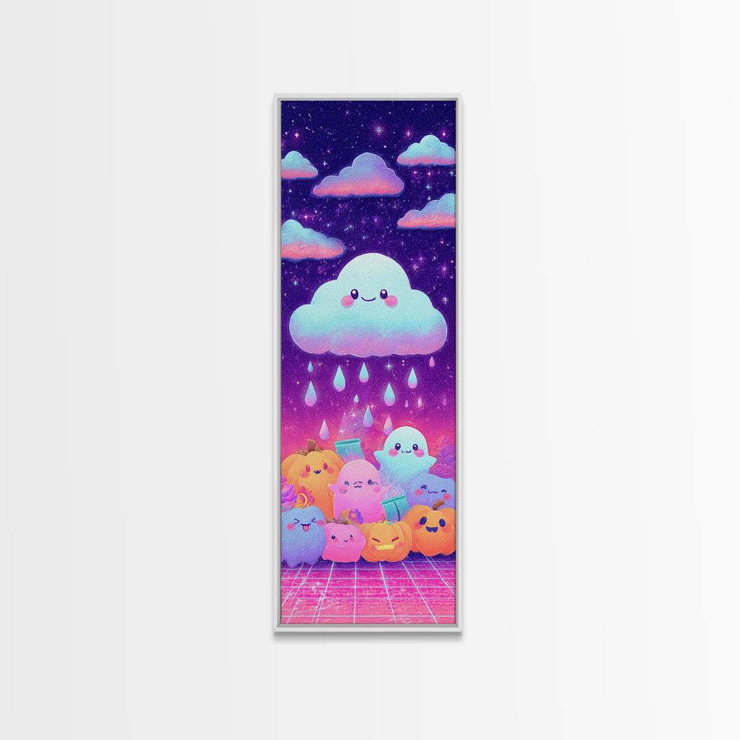 The Cloud Ghost, Synthwave Halloween Art, Tall Narrow Wall Art, Framed Canvas Print, Retro Halloween Decor, Neon Wall Art