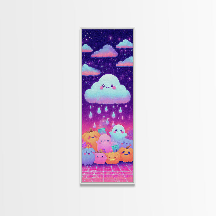 The Cloud Ghost, Synthwave Halloween Art, Tall Narrow Wall Art, Framed Canvas Print, Retro Halloween Decor, Neon Wall Art