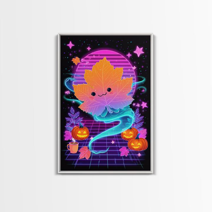 The Autumn Leaf Sprite, Retro Neon Halloween Art, Vertical Wall Art, Canvas Print, Retro Halloween Decor, Neon Wall Art, Horror Wall Art