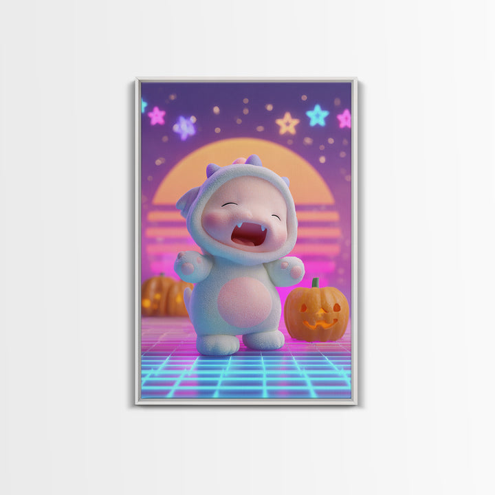 The Sleepy Costume Dragon, Synthwave Halloween Art, Vertical Wall Art, Canvas Print, Retro Halloween Decor, Neon Wall Art, Gothic Home Decor
