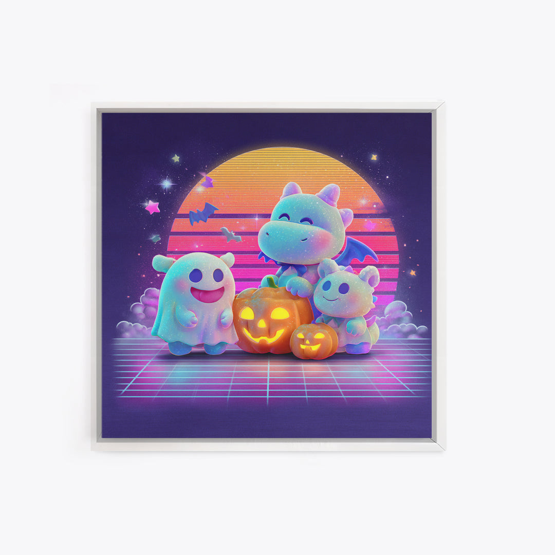 The Sleepy Costume Dragon, Vaporwave Halloween Decor, Square Wall Art, Canvas Print, Retro Halloween Decor, Neon Wall Art