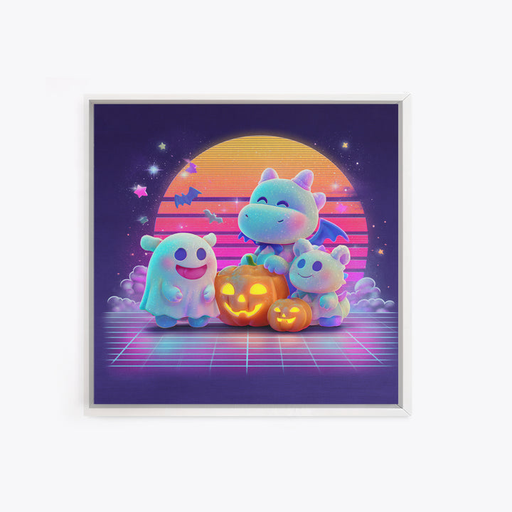 The Sleepy Costume Dragon, Vaporwave Halloween Decor, Square Wall Art, Canvas Print, Retro Halloween Decor, Neon Wall Art