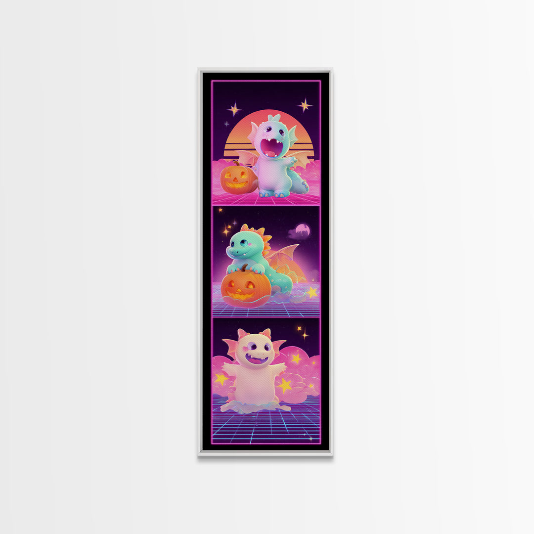 The Sleepy Costume Dragon, Synthwave Halloween Art, Tall Narrow Wall Art, Canvas Print, Retro Halloween Decor, Neon Wall Art