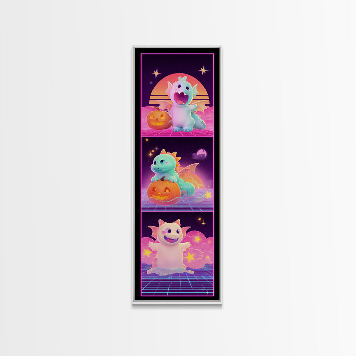 The Sleepy Costume Dragon, Synthwave Halloween Art, Tall Narrow Wall Art, Canvas Print, Retro Halloween Decor, Neon Wall Art