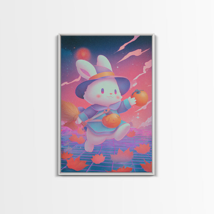 The Bunny Witch, Retro Neon Halloween Art, Vertical Wall Art, Canvas Print, Retro Halloween Decor, Neon Wall Art, Collectible Wall Decor