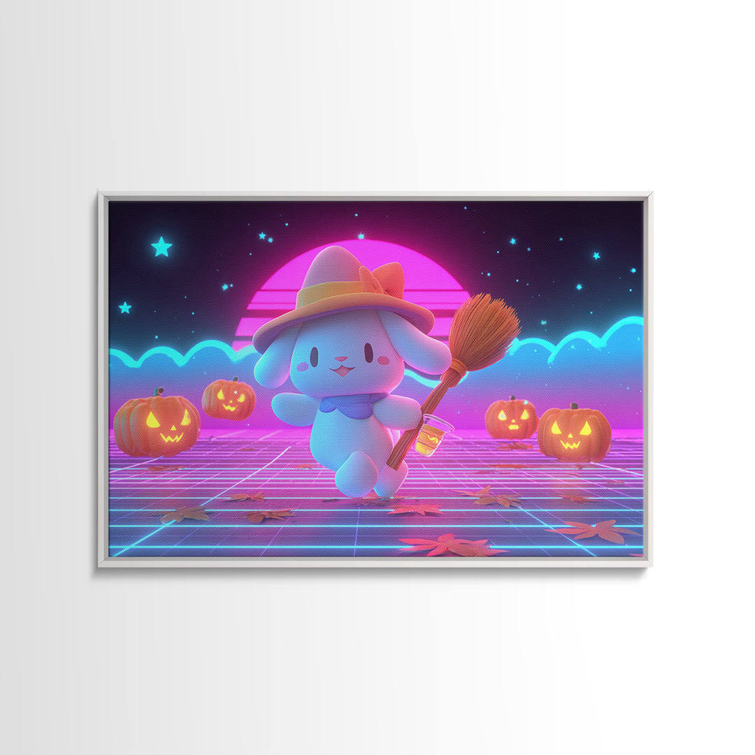 The Bunny Witch, Retro Neon Halloween Art, Landscape Wall Art, Framed Canvas Print, Retro Halloween Decor, Neon Wall Art