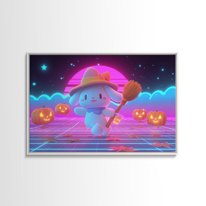 The Bunny Witch, Retro Neon Halloween Art, Landscape Wall Art, Framed Canvas Print, Retro Halloween Decor, Neon Wall Art