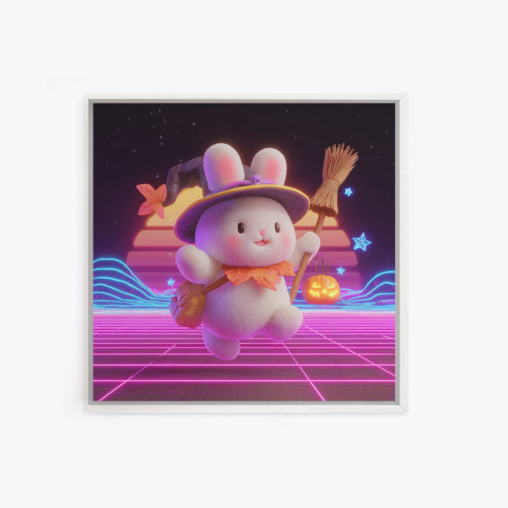 The Bunny Witch, Retro Neon Halloween Art, Square Wall Art, Framed Canvas Print, Retro Halloween Decor, Neon Wall Art