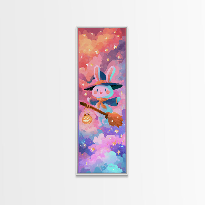 The Bunny Witch, Retro Neon Halloween Art, Tall Narrow Wall Art, Framed Canvas Print, Retro Halloween Decor, Neon Wall Art, Horror Wall Art