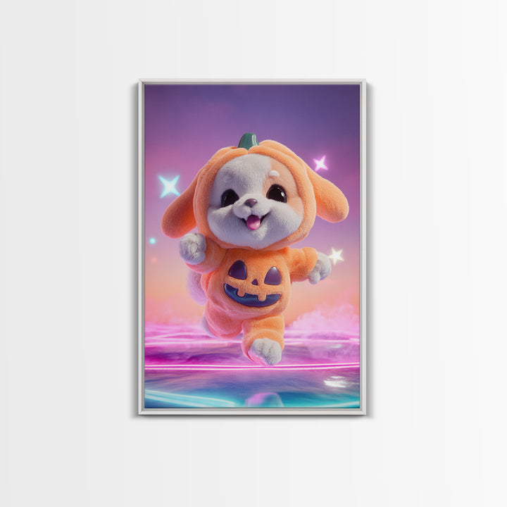 The Pumpkin Puppy, 80s Halloween Wall Art, Vertical Wall Art, Framed Canvas Print, Retro Halloween Decor, Neon Wall Art, Dark Fantasy Art