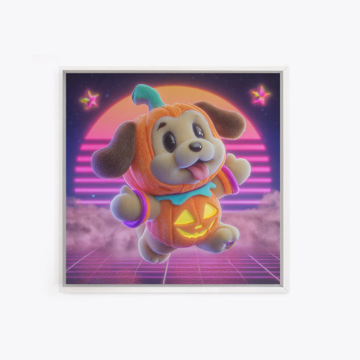 The Pumpkin Puppy, 80s Halloween Wall Art, Square Wall Art, Canvas Print, Retro Halloween Decor, Neon Wall Art, Collectible Wall Decor