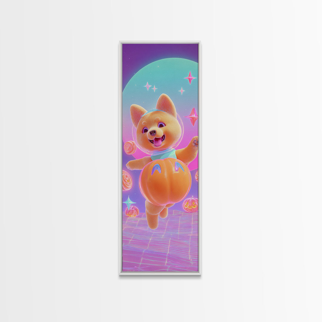 The Pumpkin Puppy, Retro Neon Halloween Art, Tall Narrow Wall Art, Canvas Print, Retro Halloween Decor, Neon Wall Art