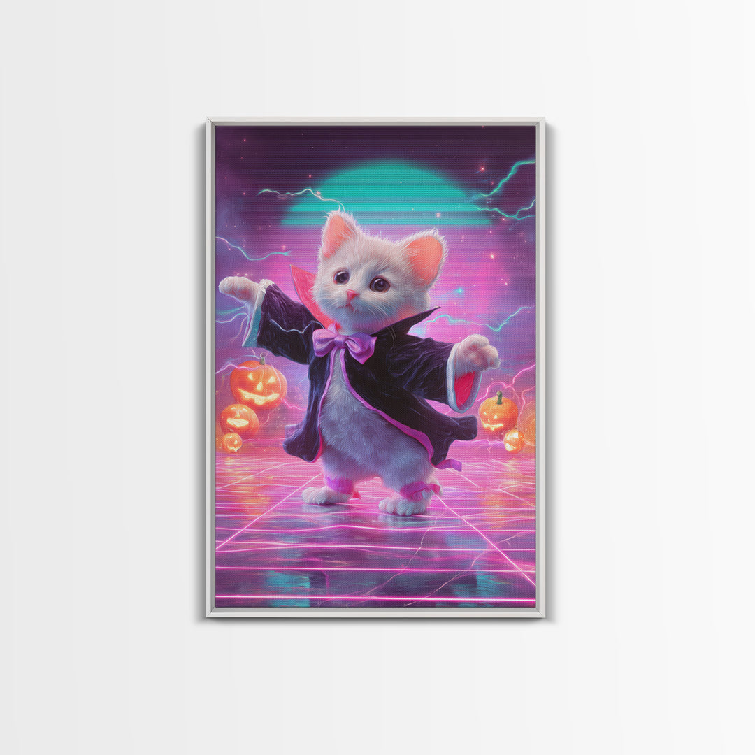 The Kitten Vampire, Cute Spooky Neon Art, Vertical Wall Art, Canvas Print, Retro Halloween Decor, Neon Wall Art, Horror Wall Art