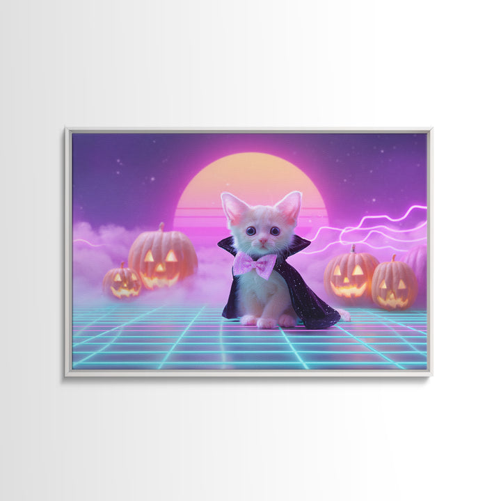 The Kitten Vampire, 80s Halloween Wall Art, Landscape Wall Art, Framed Canvas Print, Retro Halloween Decor, Neon Wall Art, Horror Wall Art