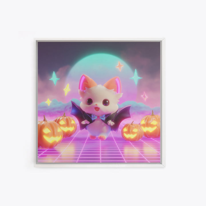 The Kitten Vampire, Vaporwave Halloween Decor, Square Wall Art, Canvas Print, Retro Halloween Decor, Neon Wall Art, Collectible Wall Decor