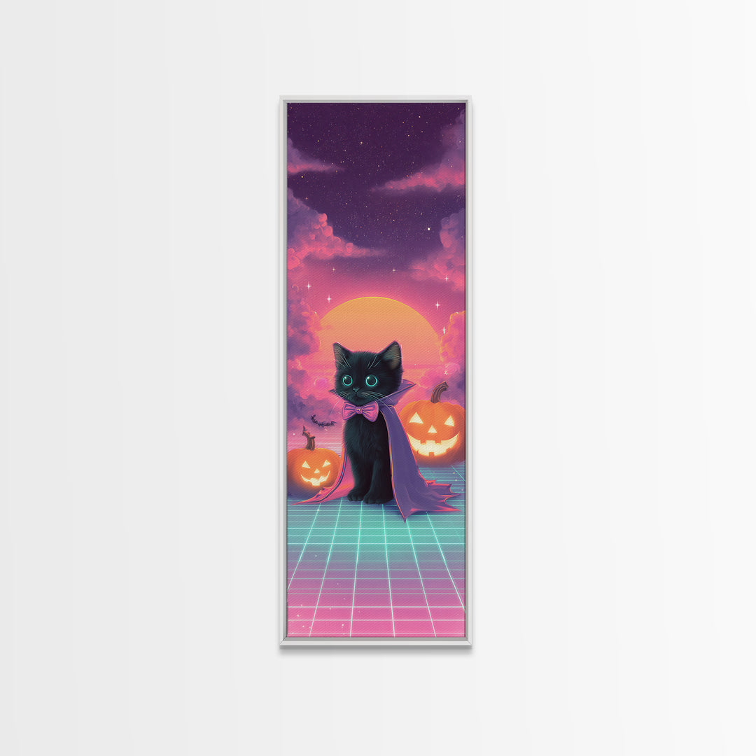 The Kitten Vampire, 80s Halloween Wall Art, Tall Narrow Wall Art, Framed Canvas Print, Retro Halloween Decor, Neon Wall Art