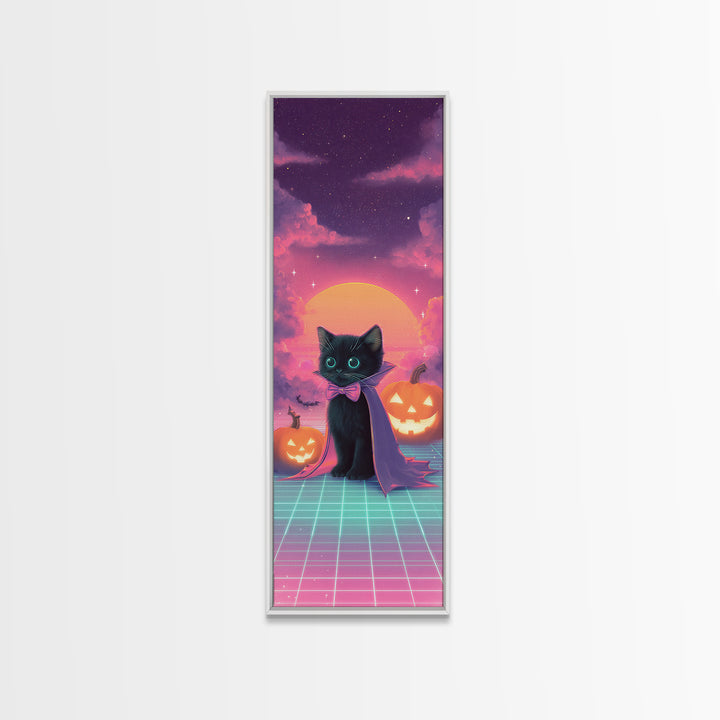 The Kitten Vampire, 80s Halloween Wall Art, Tall Narrow Wall Art, Framed Canvas Print, Retro Halloween Decor, Neon Wall Art