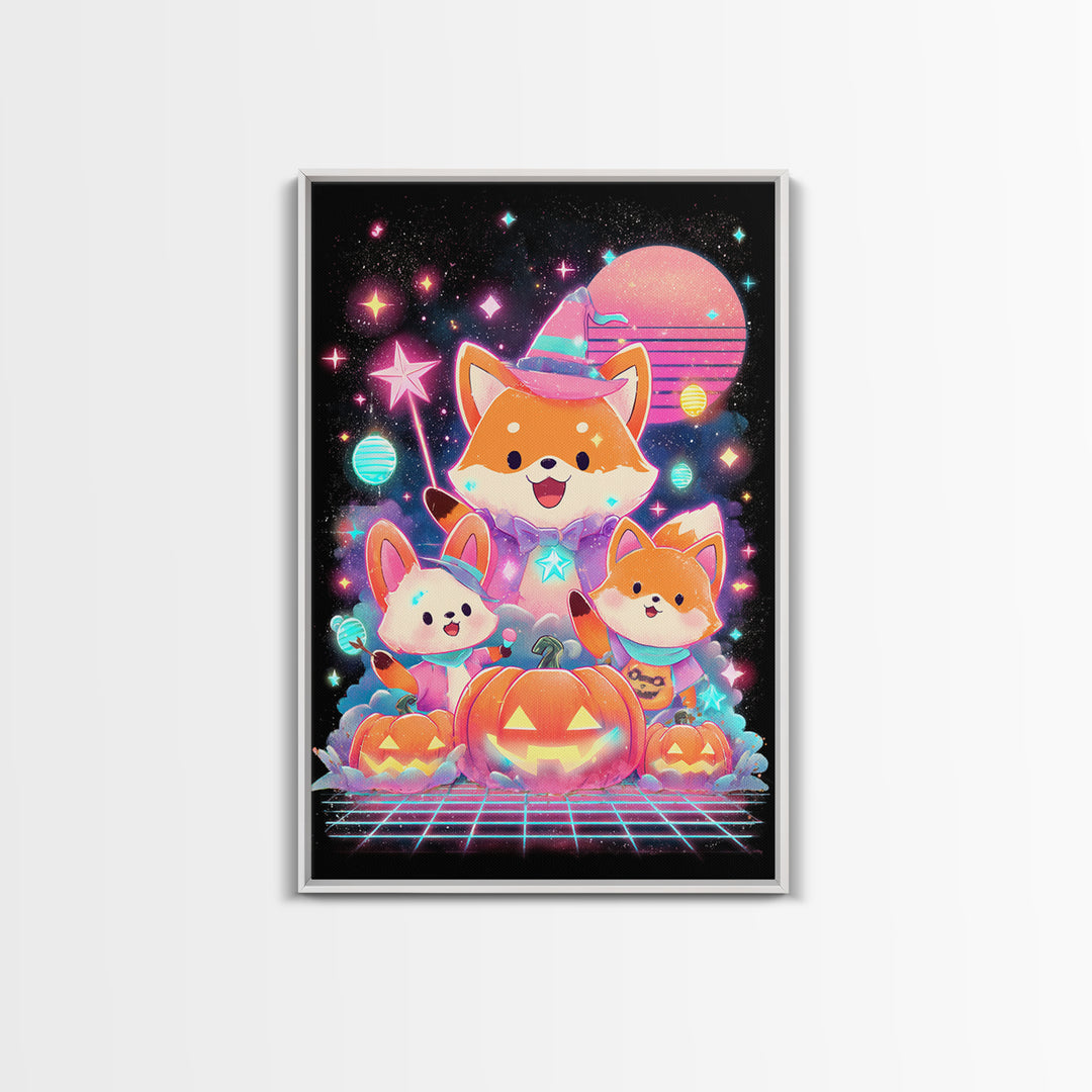 The Fox Wizard, Cute Spooky Neon Art, Vertical Wall Art, Framed Canvas Print, Retro Halloween Decor, Neon Wall Art, Horror Wall Art