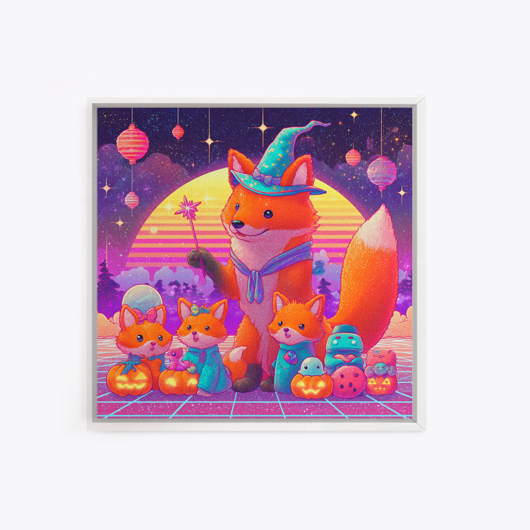 The Fox Wizard, 80s Halloween Wall Art, Square Wall Art, Framed Canvas Print, Retro Halloween Decor, Neon Wall Art, Gothic Home Decor