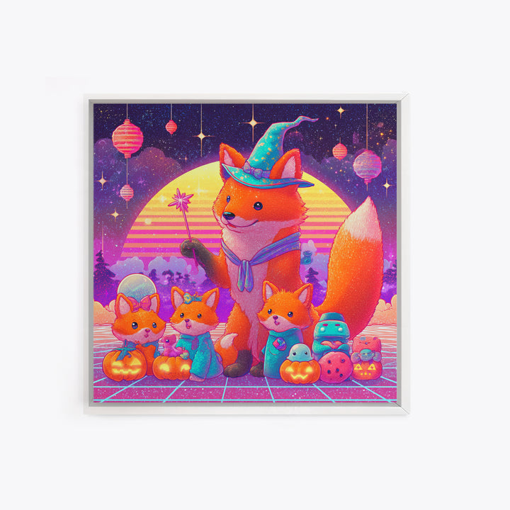 The Fox Wizard, 80s Halloween Wall Art, Square Wall Art, Framed Canvas Print, Retro Halloween Decor, Neon Wall Art, Gothic Home Decor