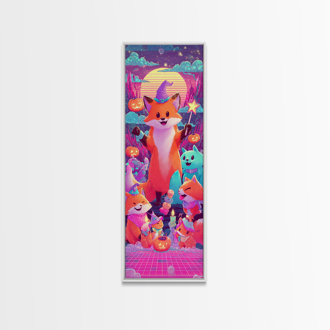 The Fox Wizard, 80s Halloween Wall Art, Tall Narrow Wall Art, Canvas Print, Retro Halloween Decor, Neon Wall Art, Dark Fantasy Art