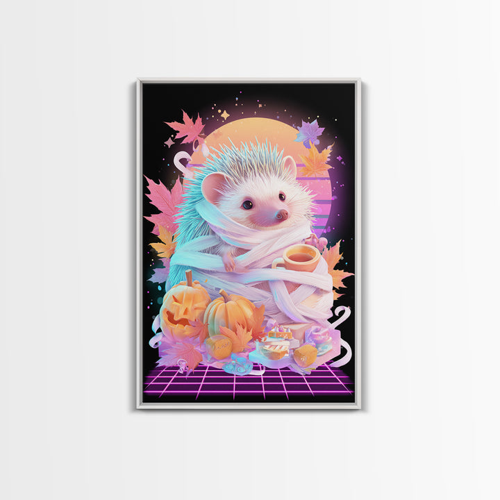 The Hedgehog Mummy, Retro Neon Halloween Art, Vertical Wall Art, Canvas Print, Retro Halloween Decor, Neon Wall Art, Macabre Wall Art
