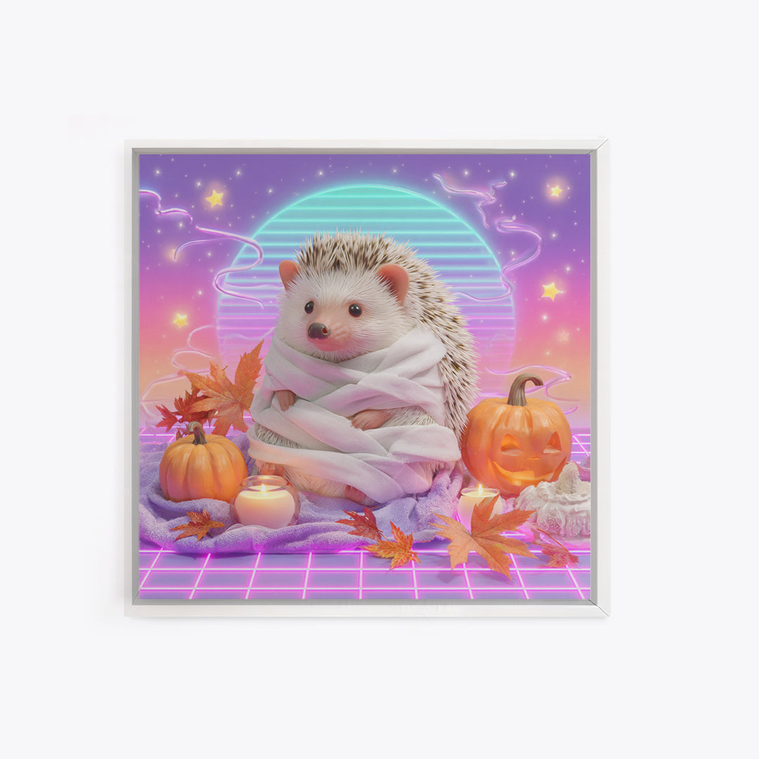 The Hedgehog Mummy, Retro Neon Halloween Art, Square Wall Art, Framed Canvas Print, Retro Halloween Decor, Neon Wall Art